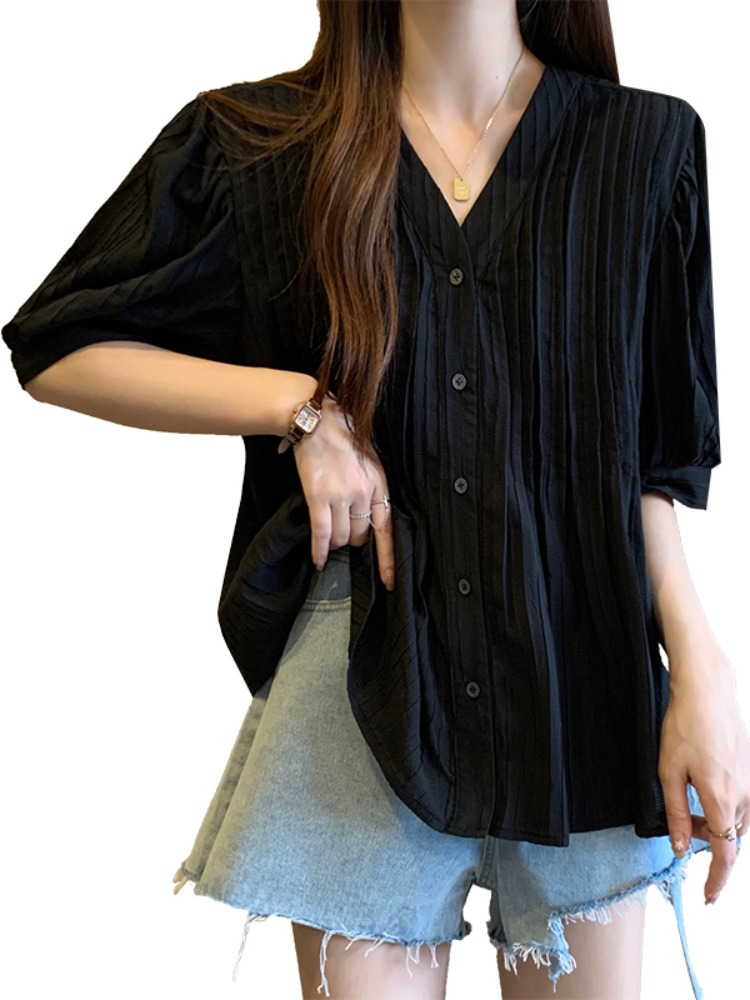 Plus Size Pleats Frill Button Blouse