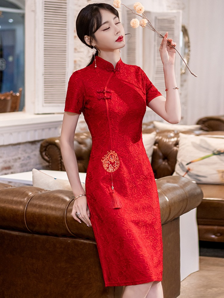 Plus Size Red A Line Cheongsam Dress