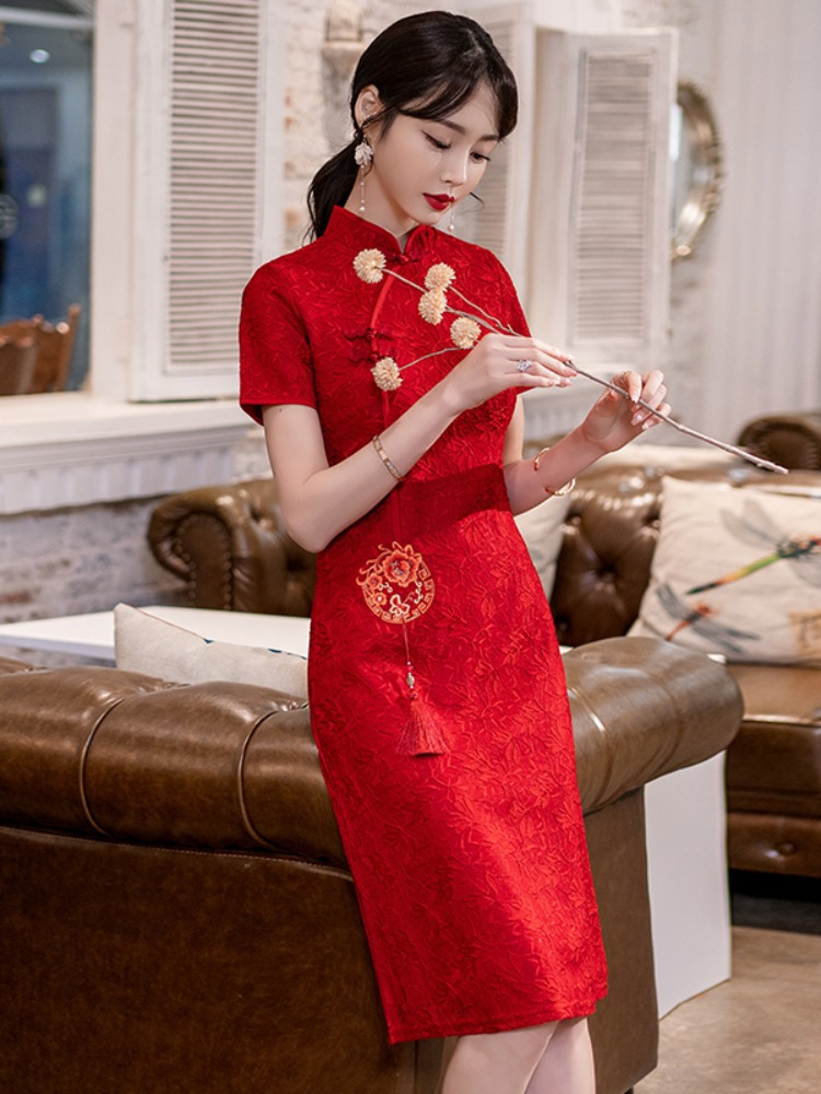 Plus Size Red A Line Cheongsam Dress