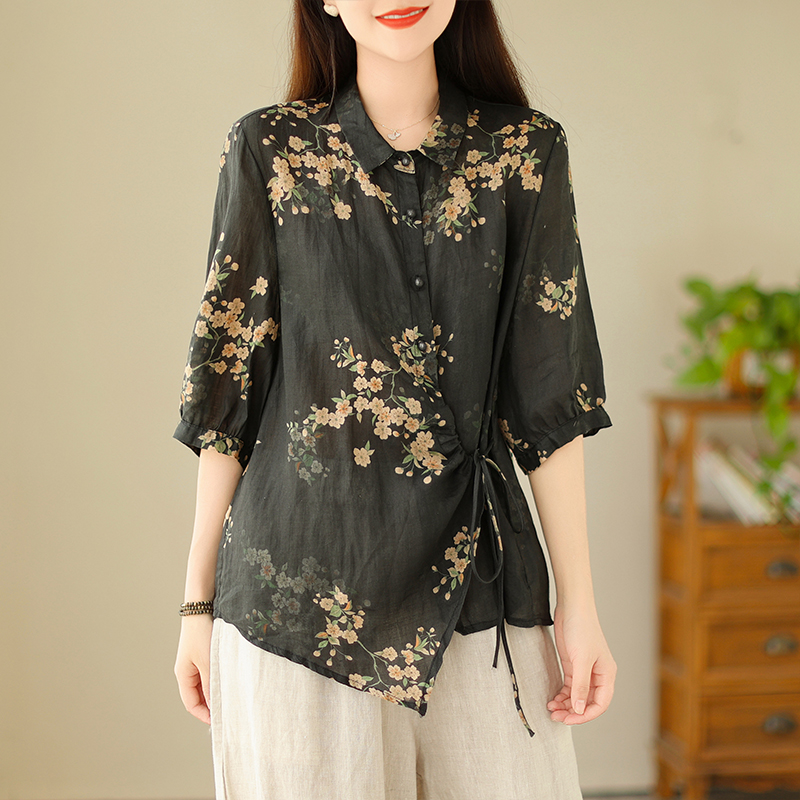 Plus Size Side Tie Floral Shirt Blouse