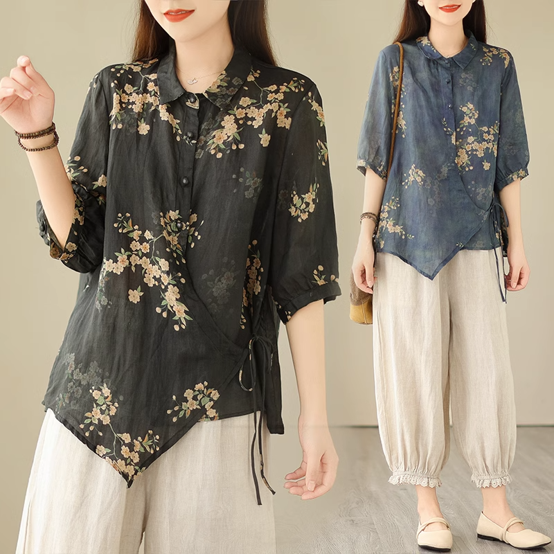 Plus Size Side Tie Floral Shirt Blouse