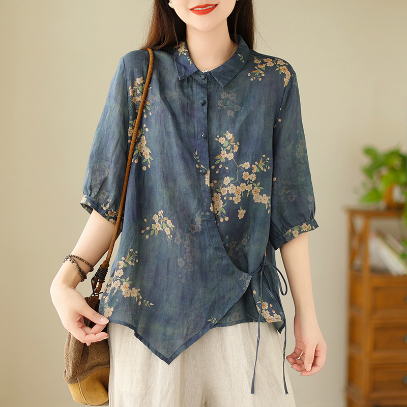 Plus Size Side Tie Floral Shirt Blouse