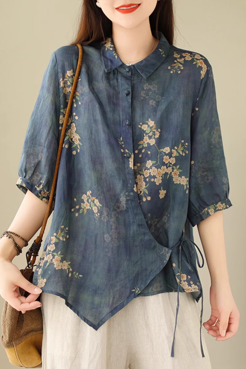 Plus Size Side Tie Floral Shirt Blouse