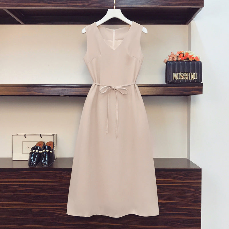 Plus Size Simple V neck Waist Tie Midi Dress