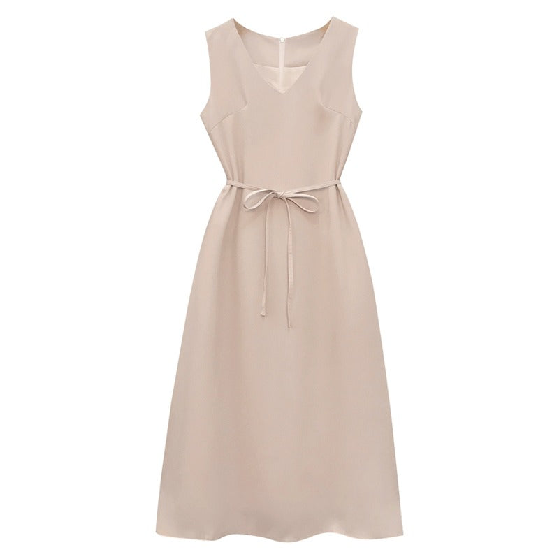 Plus Size Simple V neck Waist Tie Midi Dress