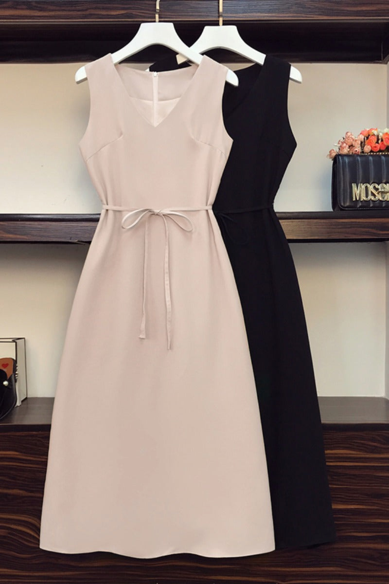 Plus Size Simple V neck Waist Tie Midi Dress