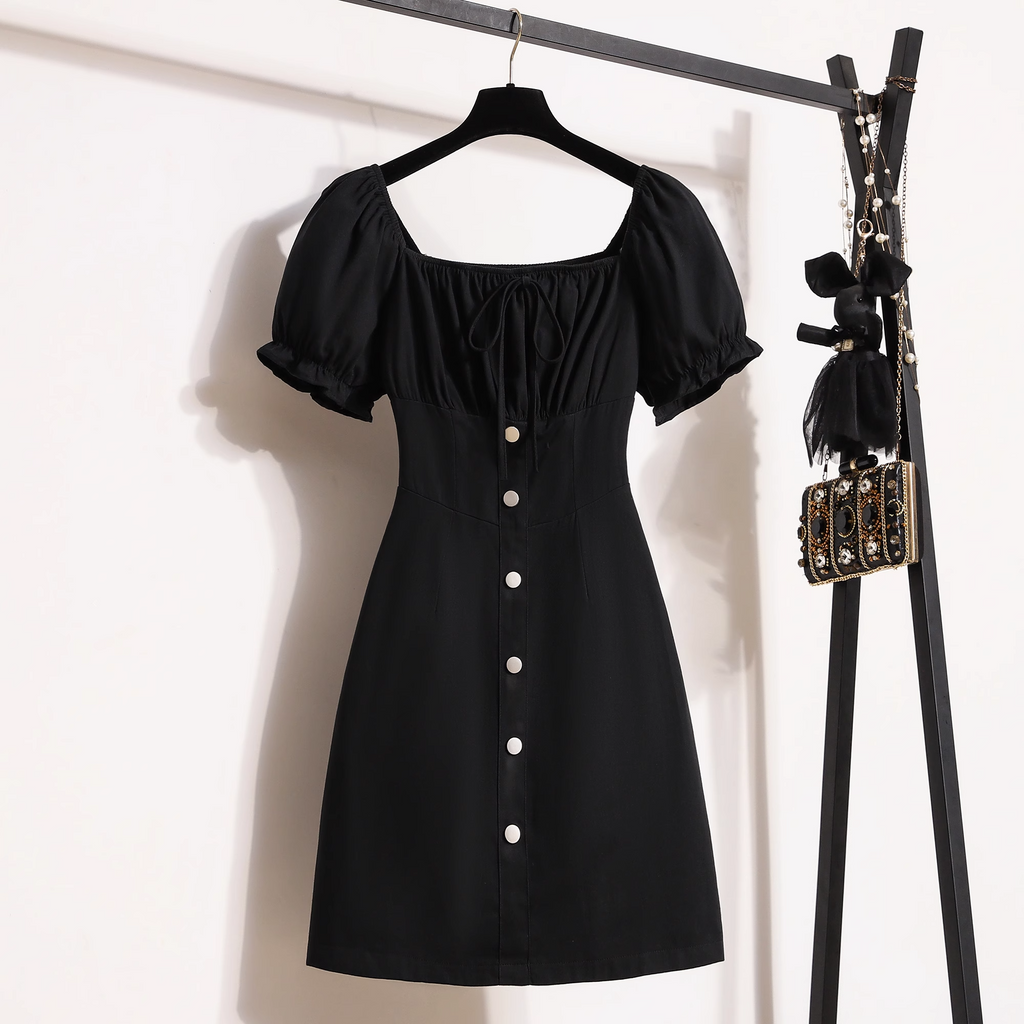 Plus Size Square Neck Black Buttons Midi Dress