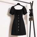 Plus Size Square Neck Black Buttons Midi Dress