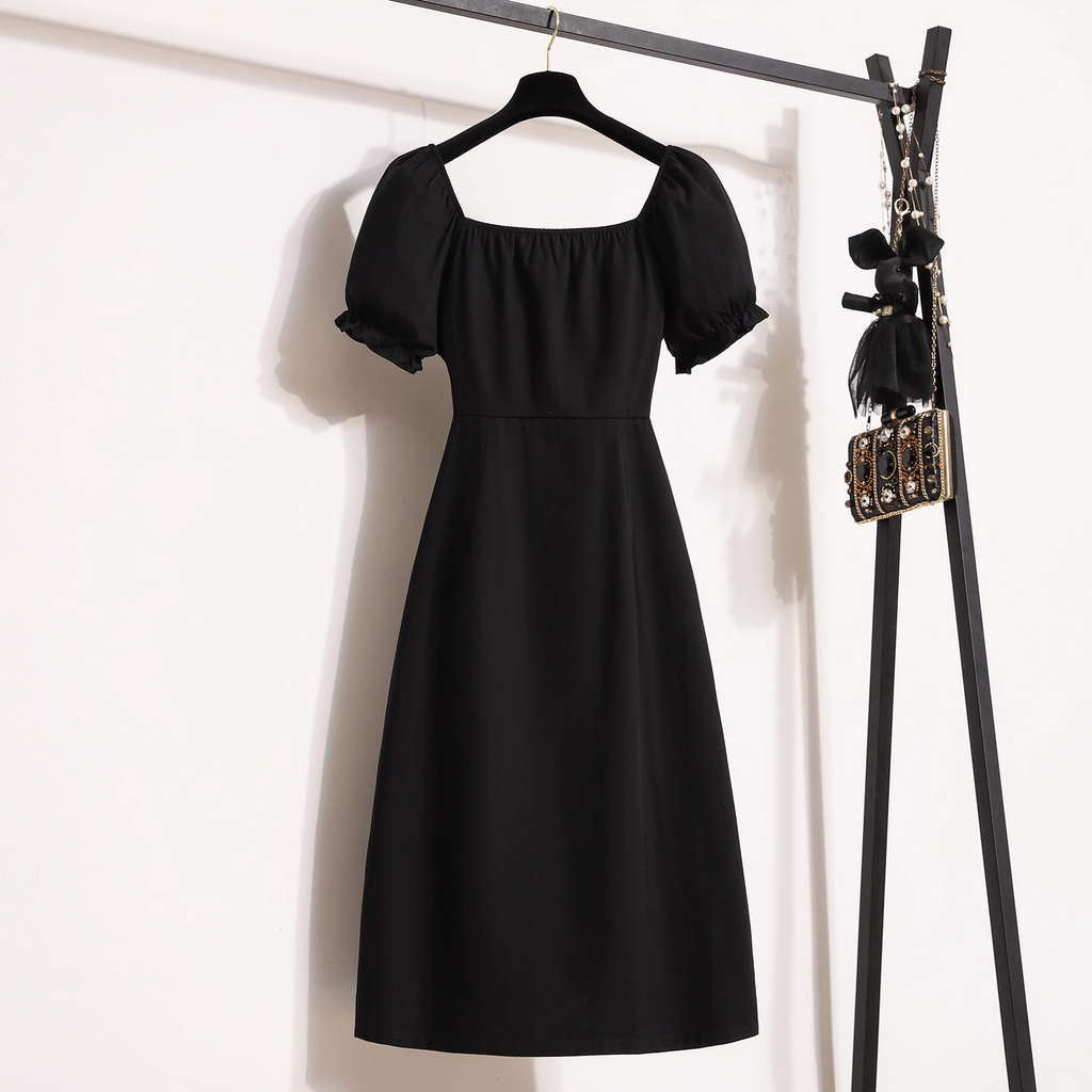 Plus Size Square Neck Black Buttons Midi Dress