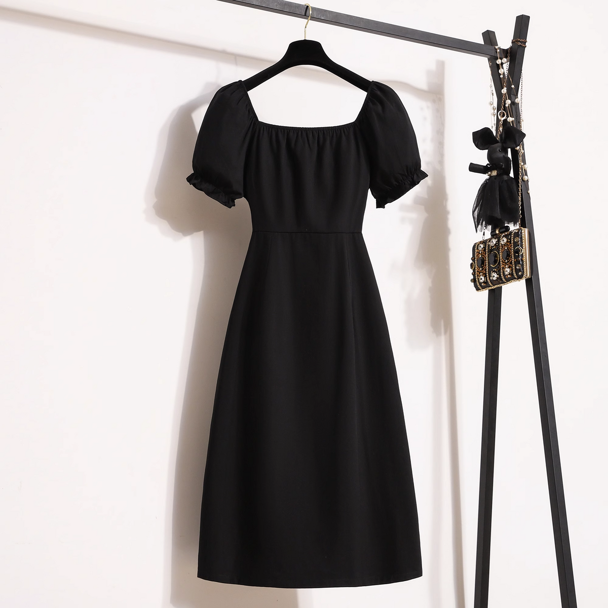 Plus Size Square Neck Black Buttons Midi Dress