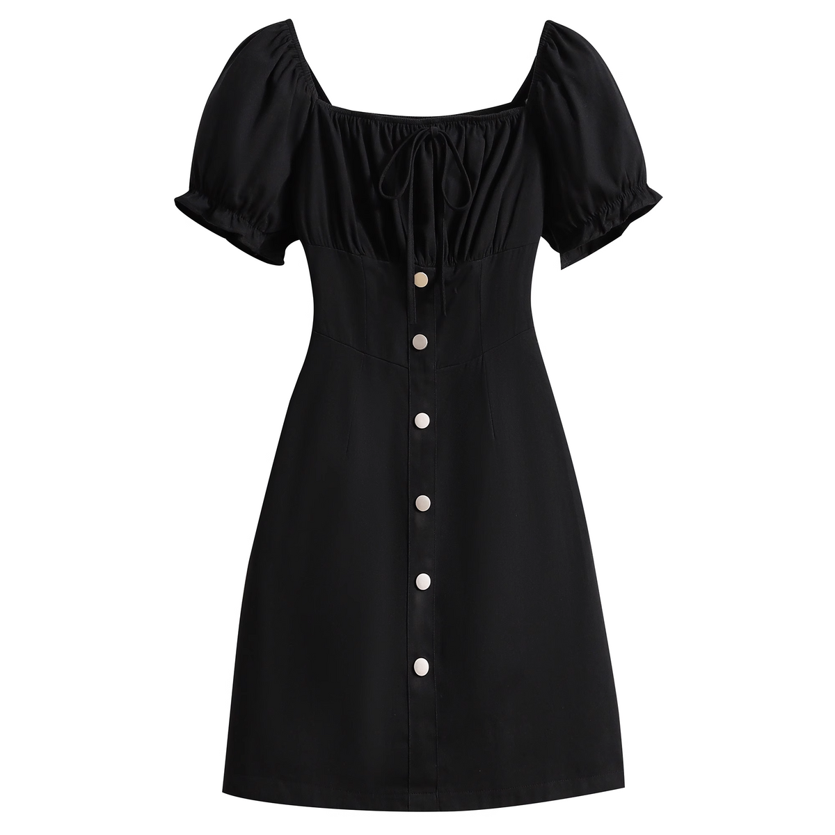 Plus Size Square Neck Black Buttons Midi Dress
