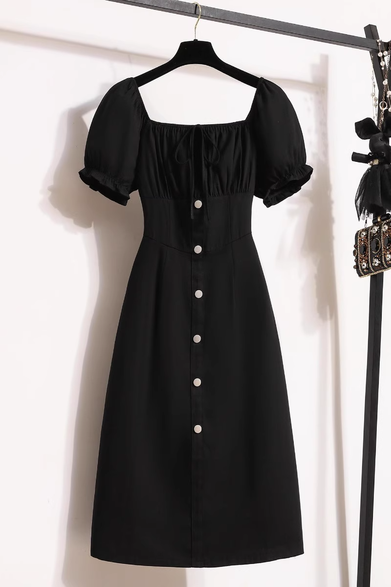 Plus Size Square Neck Black Buttons Midi Dress