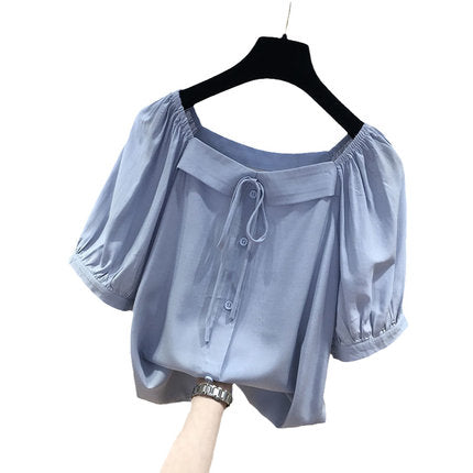Plus Size Square Neck Buttons Ribbon Korean Blouse