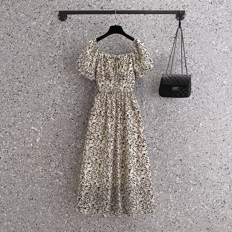 Plus Size Square Neck Monochrome Floral Midi Dress