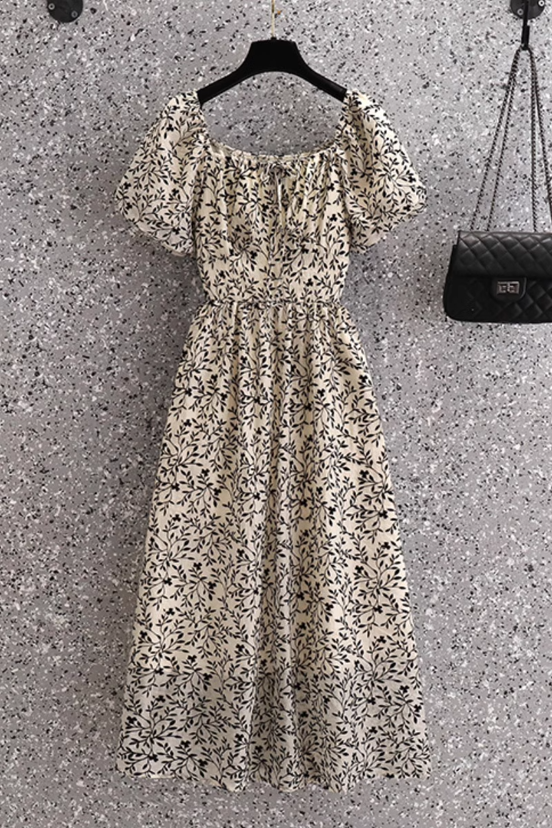 Plus Size Square Neck Monochrome Floral Midi Dress