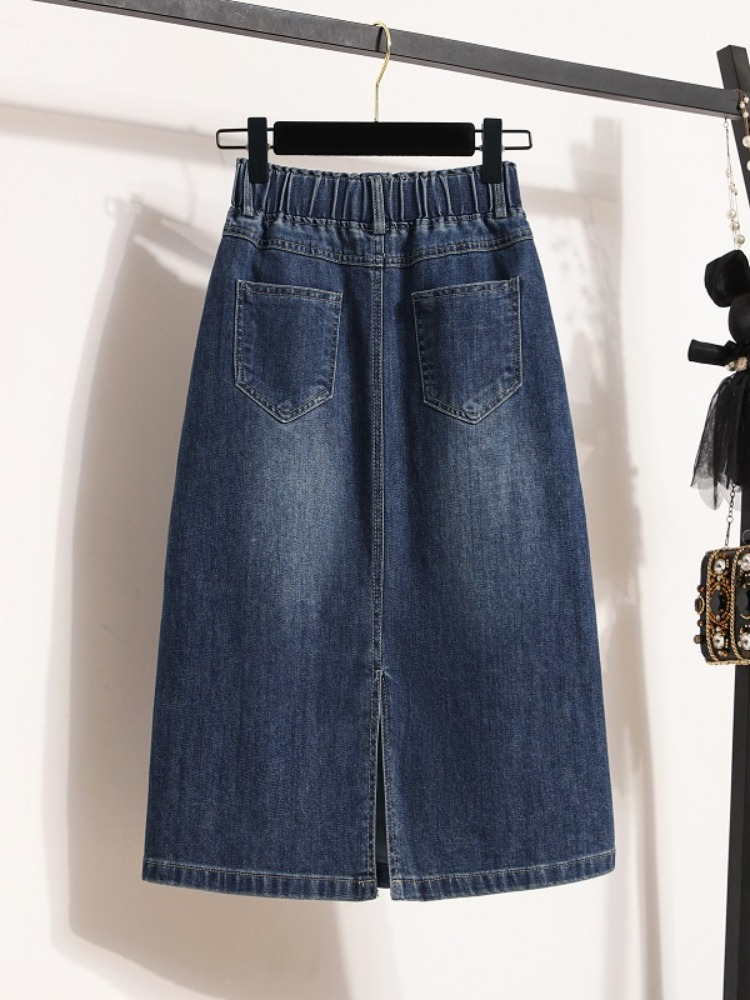 Plus Size Stretchband Denim Midi Skirt