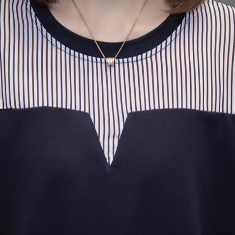 Plus Size Stripe Insert Short Sleeve Blouse