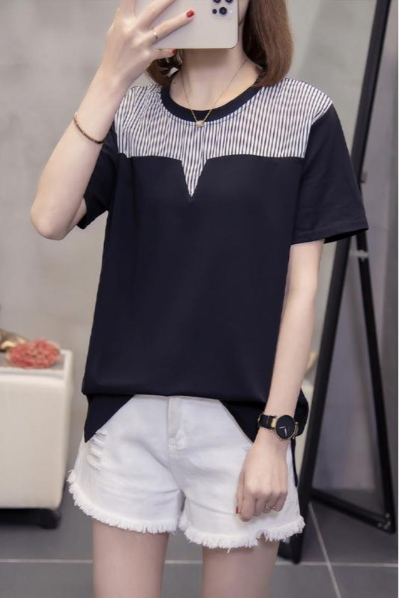 Plus Size Stripe Insert Short Sleeve Blouse