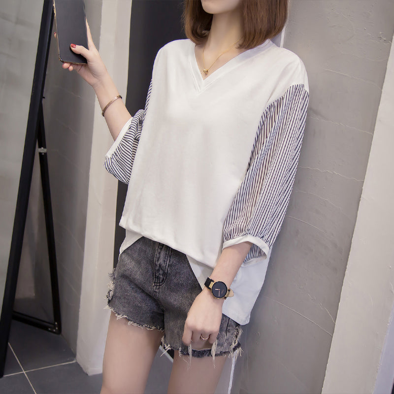 Plus Size Stripes V Neck Blouse