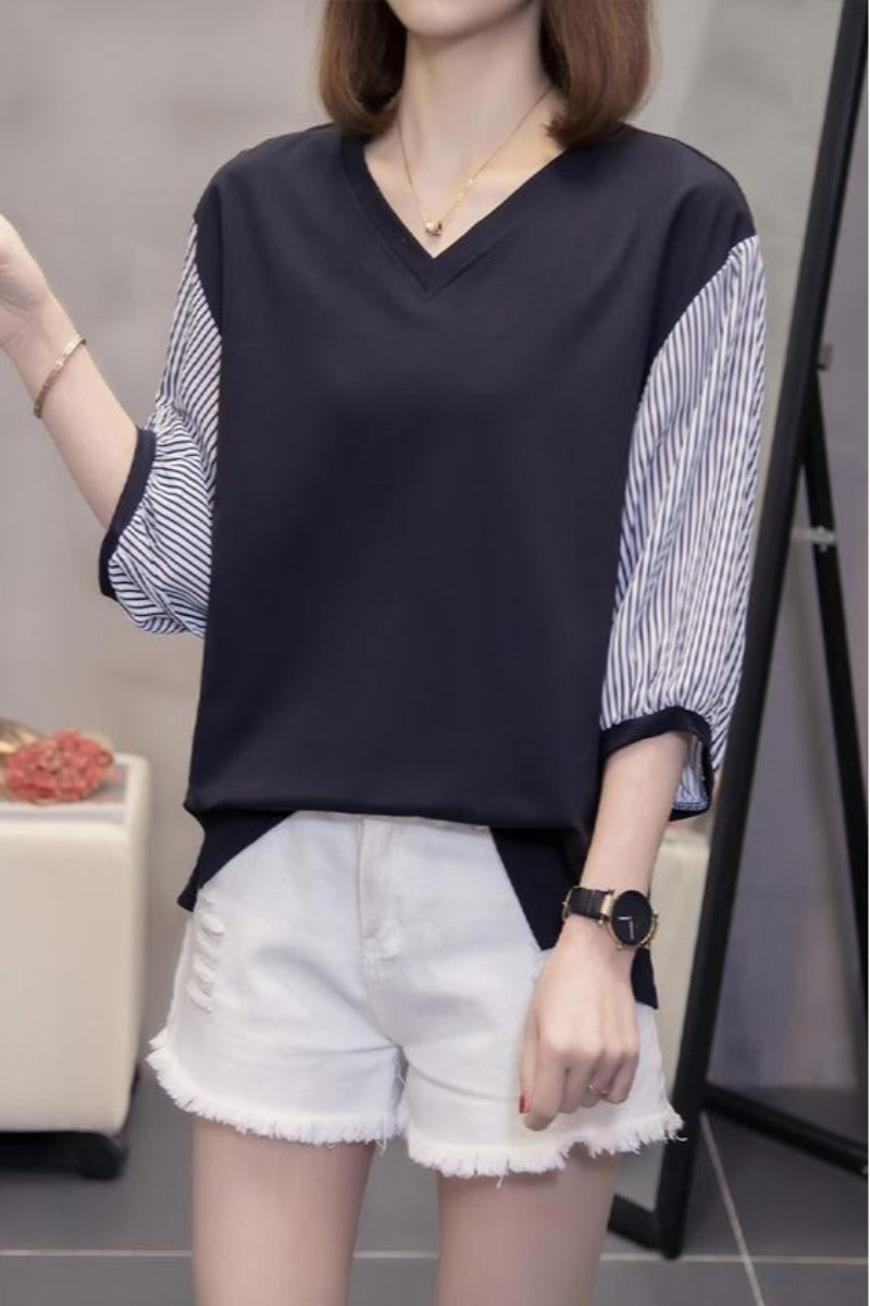 Plus Size Stripes V Neck Blouse
