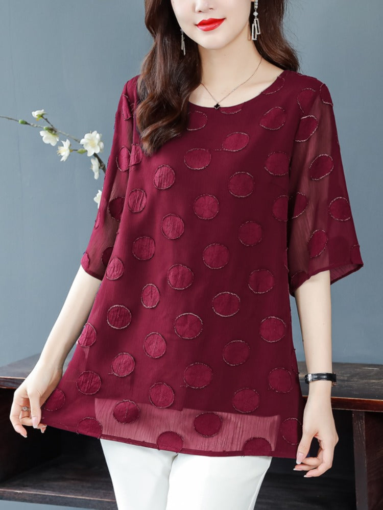 Plus Size Textured Polka Dots Chiffon Blouse