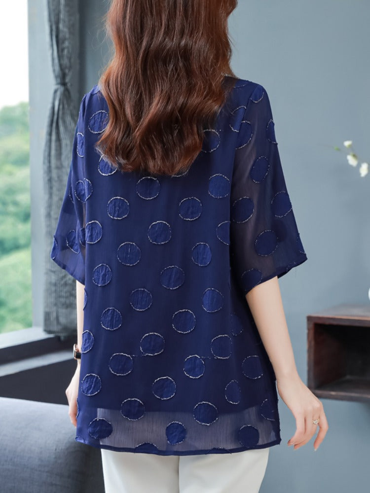 Plus Size Textured Polka Dots Chiffon Blouse