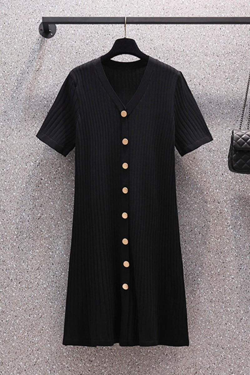 Plus Size V Neck Buttons Dress