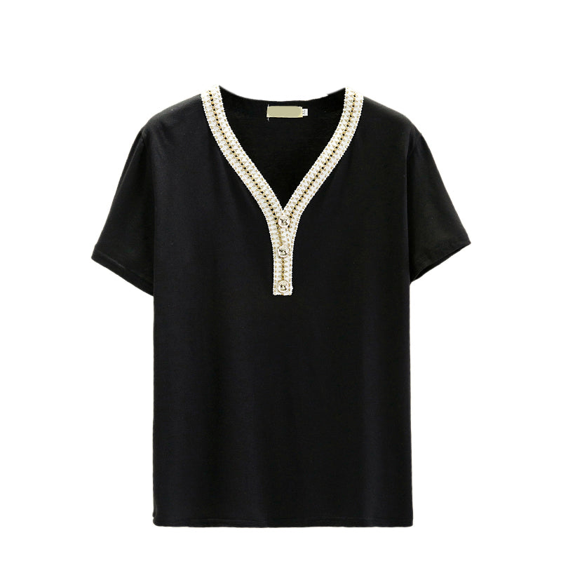 Plus Size V Neck Buttons Embroidered Blouse