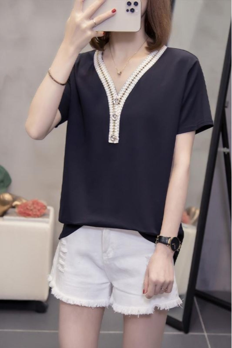 Plus Size V Neck Buttons Embroidered Blouse