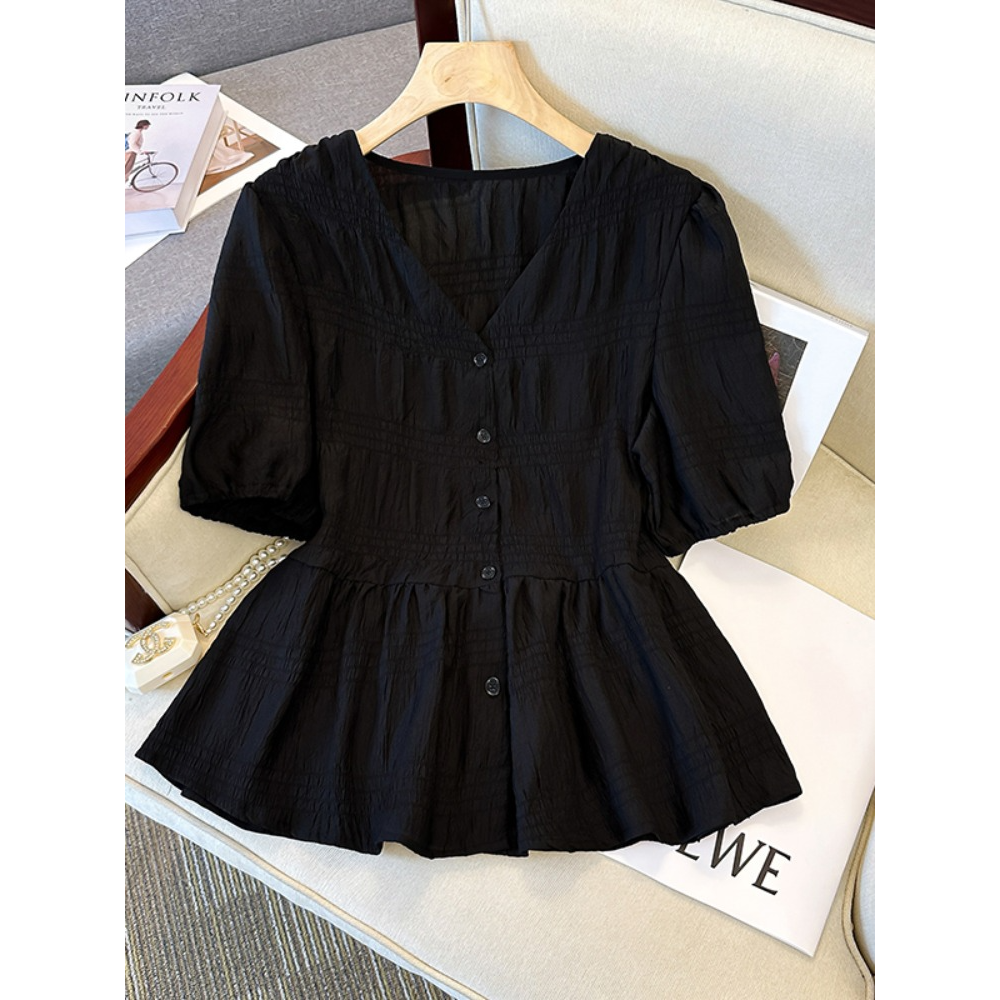 Plus Size V Neck Buttons Textured Peplum Blouse