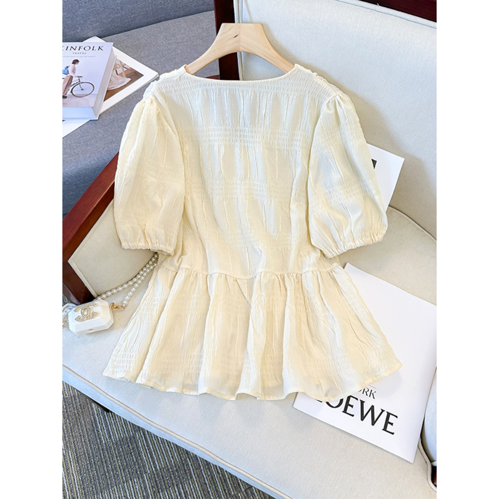 Plus Size V Neck Buttons Textured Peplum Blouse