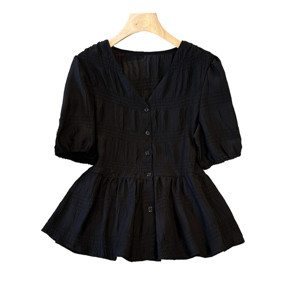 Plus Size V Neck Buttons Textured Peplum Blouse