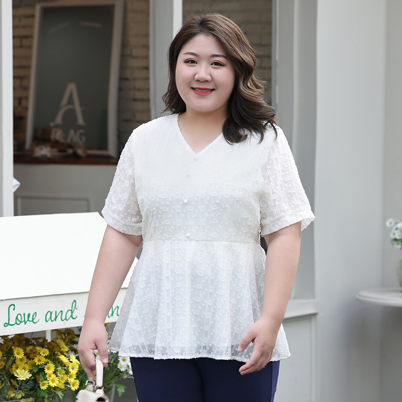 Plus Size White Buttons V Neck Peplum Chiffon Blouse (Extra Big Size)