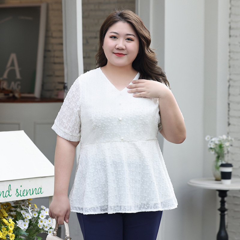 Plus Size White Buttons V Neck Peplum Chiffon Blouse (Extra Big Size)