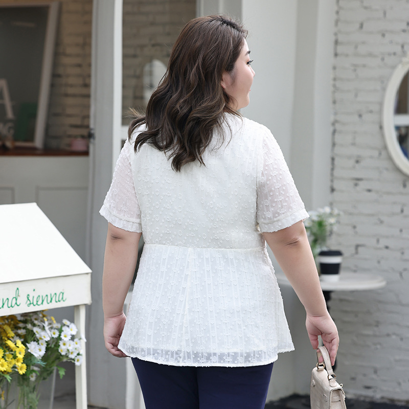 Plus Size White Buttons V Neck Peplum Chiffon Blouse (Extra Big Size)
