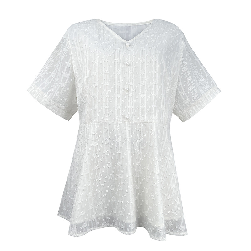 Plus Size White Buttons V Neck Peplum Chiffon Blouse (Extra Big Size)