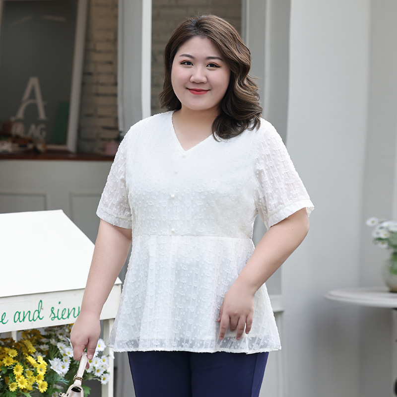 Plus Size White Buttons V Neck Peplum Chiffon Blouse (Extra Big Size)