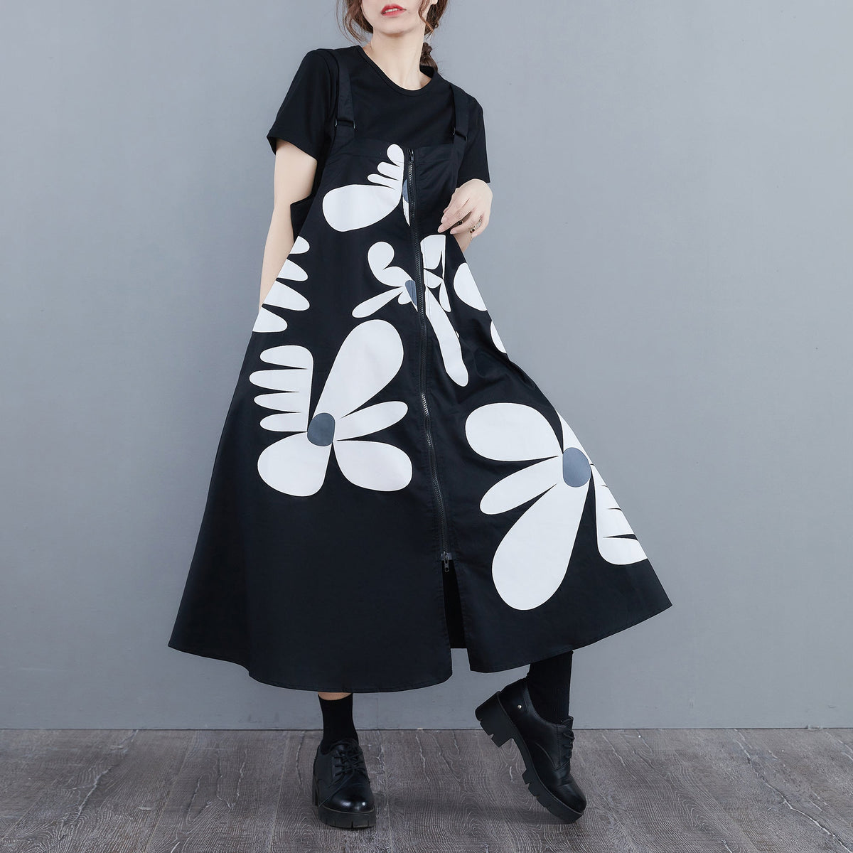 Plus Size Art Floral Suspender Dress