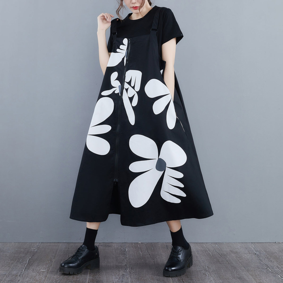 Plus Size Art Floral Suspender Dress
