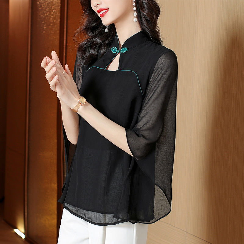 Plus size black loose sleeve cheongsam blouse