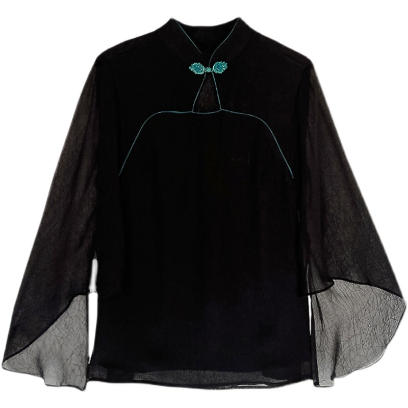Plus size black loose sleeve cheongsam blouse