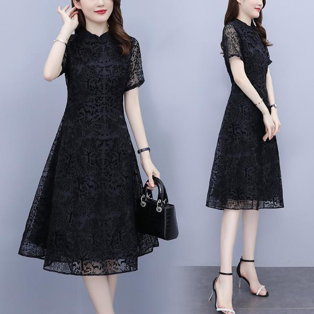 Plus size black textured a line cheongsam