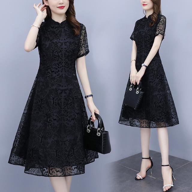 Plus size black textured a line cheongsam