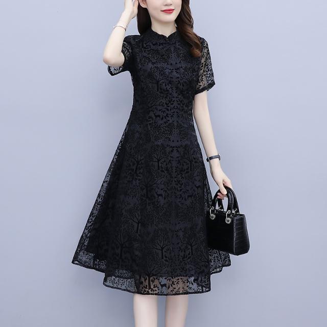 Plus size black textured a line cheongsam