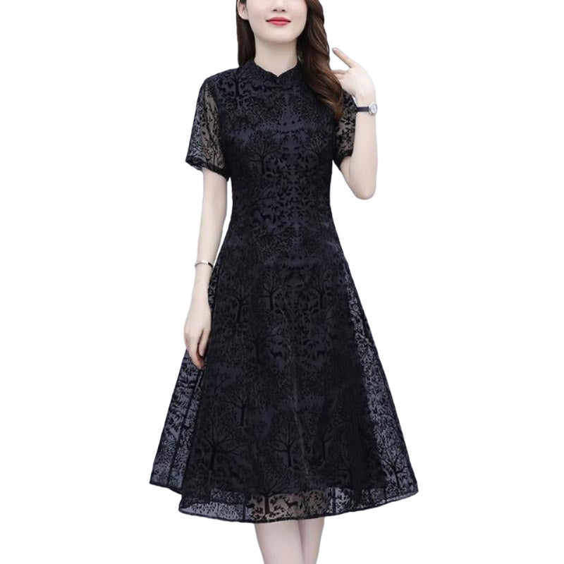 Plus size black textured a line cheongsam
