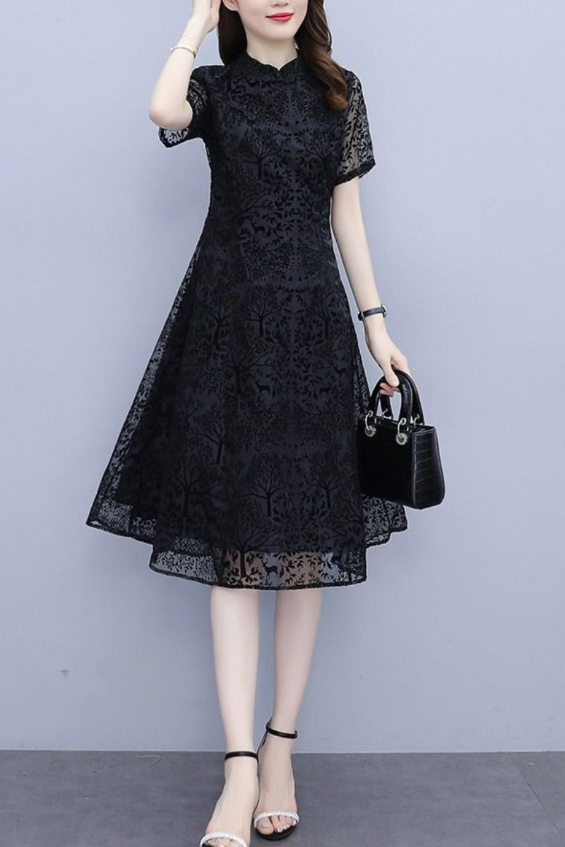 Plus size black textured a line cheongsam