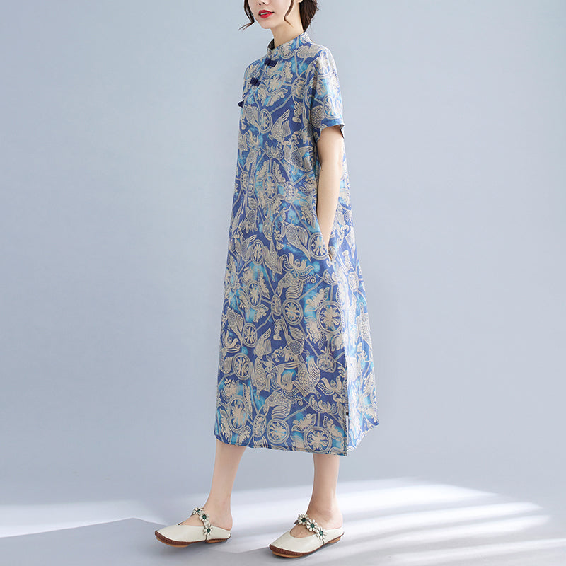 Plus Size Blue Cheongsam Midi Dress