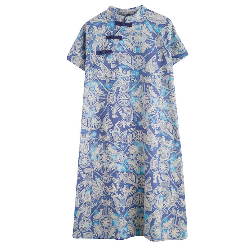 Plus Size Blue Cheongsam Midi Dress