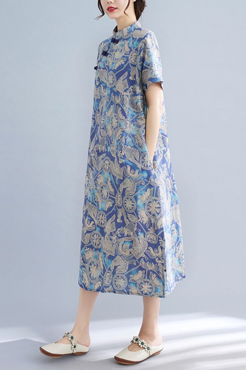 Plus Size Blue Cheongsam Midi Dress