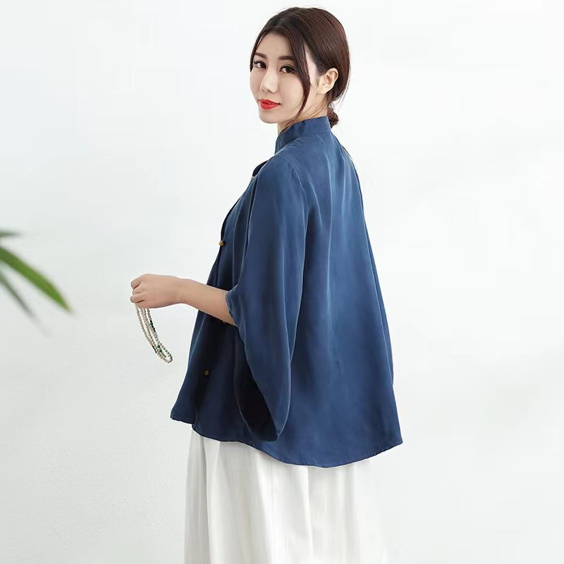 Plus Size Blue Loose Cheongsam Blouse